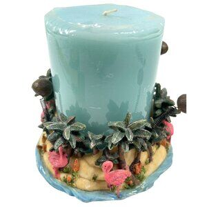Tropical Pink Flamingo Palm Tree Coconuts Ocean Sea Blue Pillar Candle Holder